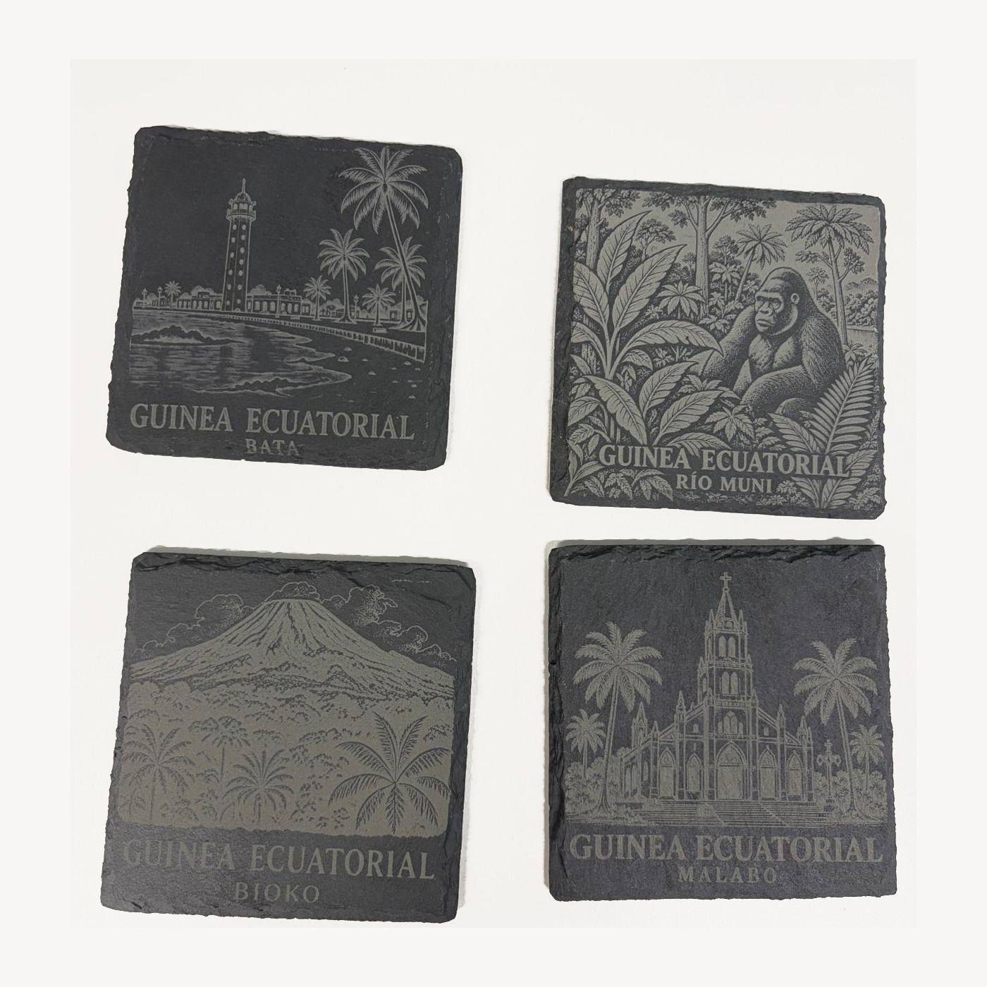 Set de cuatro posavasos de pizarra Guinea Ecuatorial: Bata, Río Muni, Bioko y Malabo