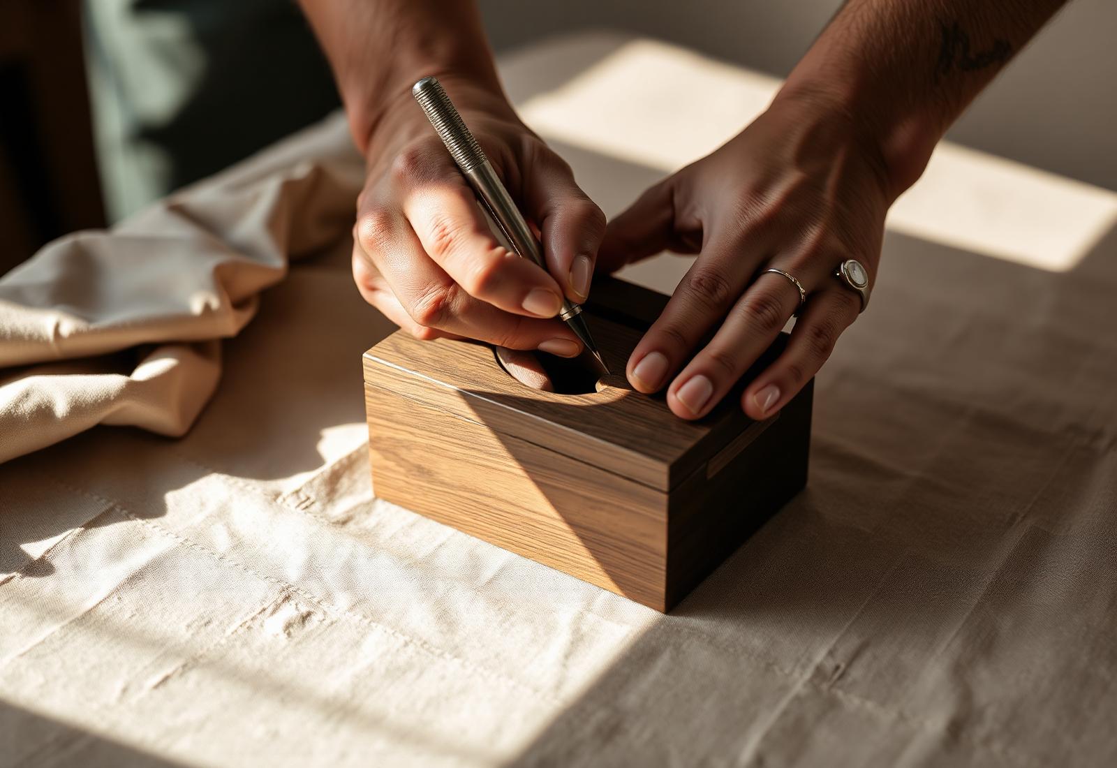 Artesano grabando una caja de madera de nogal en el taller